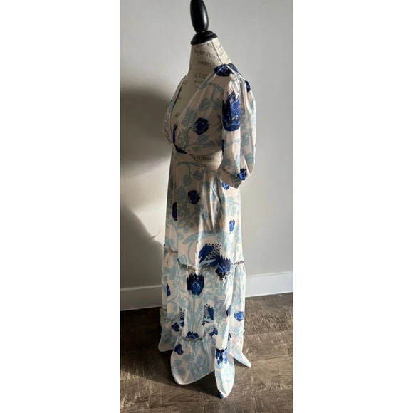 Almada Womens Puff Sleeve Side Cutouts Floral Maxi Dress Blue White Sz Small - Picture 13 of 13